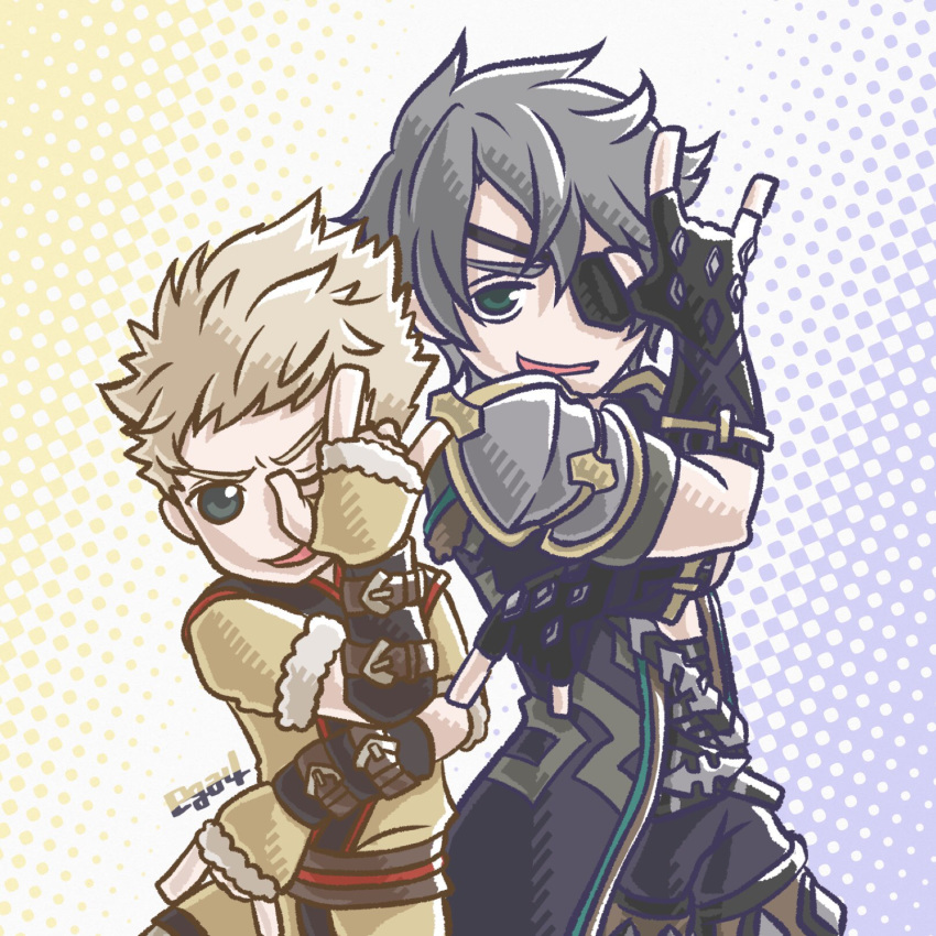 2boys armor blonde_hair blue_eyes chibi commentary_request eyepatch fingerless_gloves fire_emblem fire_emblem_awakening gloves grey_hair highres jacket male_focus multiple_boys oekaki_ega4 owain_(fire_emblem) pose short_hair smile trait_connection xenoblade_chronicles_(series) xenoblade_chronicles_2 zeke_von_genbu_(xenoblade)