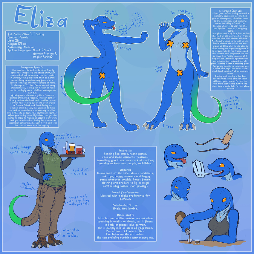 1:1 alcohol anole anthro ass beverage blue_body bottomwear breasts claws clothing cocktail container cup digital_media_(artwork) drinking_glass eliza_(vader-san) english_text exclamation_point female food forked_tongue furgonomics glass glass_container glass_cup hi_res holding_glass holding_object jewelry lizard model_sheet navel necklace nude open_mouth orange_eyes pants pouring reptile scalie shirt shot_glass side_boob solo standing sweater tail tail_clothing tank_top text toe_claws tongue tongue_out topwear vader-san