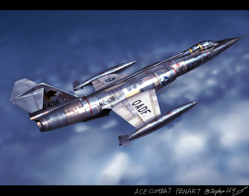 ace_combat ace_combat_7 aircraft airplane cloud commentary_request f-104_starfighter fighter_jet flying jet military military_vehicle realistic roundel shiny signature vehicle_focus wardog_squadron zephyr164