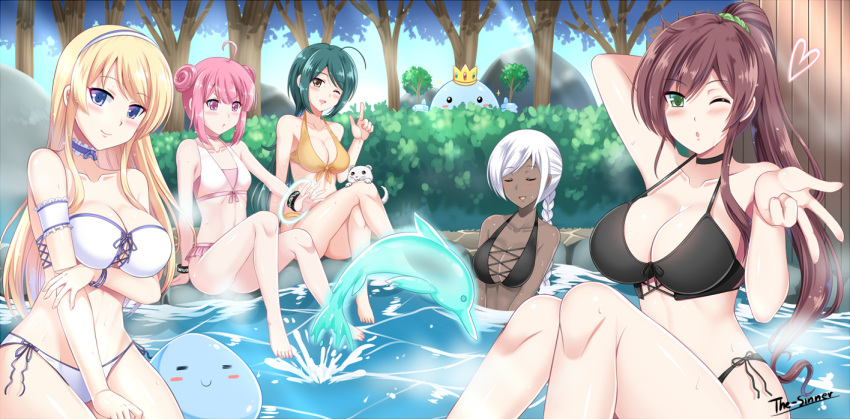 5girls ;d ;o =_= ahoge arm_at_side arm_behind_head arm_garter arm_up armpits artist_name bare_arms bare_legs bare_shoulders barefoot bathing bikini black_bikini black_choker black_ribbon blonde_hair blue_eyes blue_ribbon blush blush_stickers braid breast_hold breasts brown_eyes brown_hair bush choker cleavage closed_eyes closed_mouth collarbone commentary commission creature crown crystalline dark-skinned_female dark_skin day dolphin double_bun english_commentary frills front-tie_bikini_top front-tie_top green_eyes green_hair hair_bun hairband hand_on_own_arm head_tilt heart knees_up large_breasts light_rays long_hair looking_at_viewer magic medium_breasts multiple_girls neck_garter one_eye_closed onsen open_mouth orange_bikini orange_ribbon outdoors outstretched_arm partially_submerged peeking_out pink_bikini pink_eyes pink_hair ribbon same-sex_bathing shared_bathing side-tie_bikini_bottom sidelocks single_braid sitting small_breasts smile sparkle splashing steam strapless strapless_bikini sunbeam sunlight swept_bangs swimsuit the-sinner tree two-tone_hairband v v-shaped_eyebrows water white_bikini white_hair