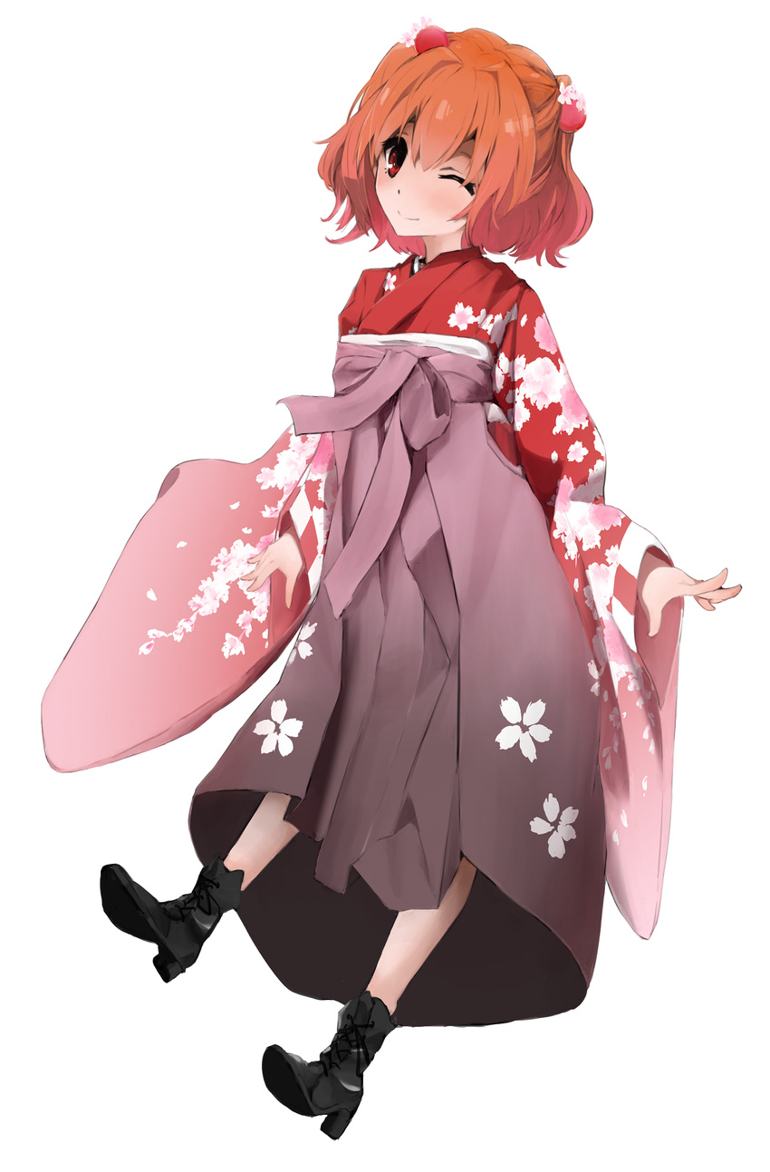 alternate_costume bad_id bad_pixiv_id boots cherry_blossoms cross-laced_footwear female flower hair_flower hair_ornament hakama hakama_skirt highres japanese_clothes kimono lace-up_boots meiji_schoolgirl_uniform motoori_kosuzu one_eye_closed purple_hakama red_eyes red_hair skirt smile solo touhou unitsu