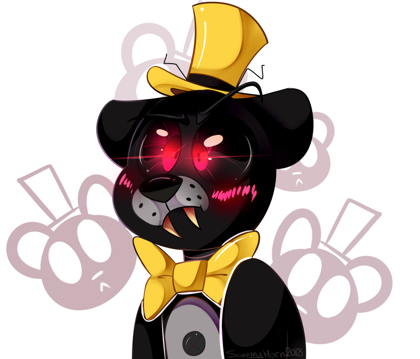 2018 absurd_res animatronic anthro bear bow_(feature) bow_tie clothing digital_media_(artwork) five_nights_at_freddy's five_nights_at_freddy's_4 glowing glowing_eyes hat headgear headwear hi_res machine male mammal nightmare_(fnaf) red_eyes robot scottgames sideshow-spottus simple_background solo top_hat