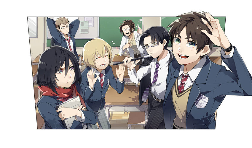 armin_arlert eren_jaeger glasses hanji_zoe jean_kirchstein kiragera mikasa_ackerman rivaille seifuku shingeki_no_kyojin tie