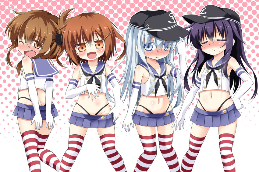 4girls akatsuki_(kancolle) bare_shoulders black_panties blue_eyes blue_hair blush brown_eyes brown_hair commentary_request cosplay elbow_gloves folded_ponytail gloves grey_hair hat hibiki_(kancolle) hino_hino ikazuchi_(kancolle) inazuma_(kancolle) kantai_collection long_hair matching_outfits microskirt midriff multiple_girls navel oerba_yun_fang open_mouth panties photoshop_(medium) purple_hair school_uniform serafuku shimakaze_(kancolle) shimakaze_(kancolle)_(cosplay) short_hair skirt smile striped_clothes striped_thighhighs thighhighs thong underwear white_gloves zettai_ryouiki