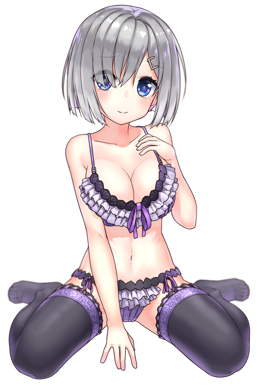 absurdres bad_id bad_pixiv_id blue_eyes bra breasts cleavage female frilled_bra frilled_panties frills full_body garter_belt grey_hair hair_ornament hair_over_one_eye hairclip hamakaze_(kancolle) harumaki_haruki highres kantai_collection large_breasts looking_at_viewer navel panties short_hair simple_background sitting smile solo thighhighs too_many too_many_frills underwear wariza white_background