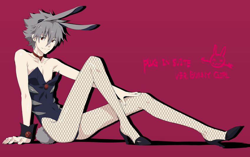 1boy adapted_costume animal_ears bad_id bad_pixiv_id crossdressing detached_collar fishnet_pantyhose fishnets male_focus male_playboy_bunny meer_rowe nagisa_kaworu neon_genesis_evangelion pantyhose photoshop_(medium) playboy_bunny rabbit_ears rabbit_tail rebuild_of_evangelion red_eyes sitting smile solo tail wrist_cuffs