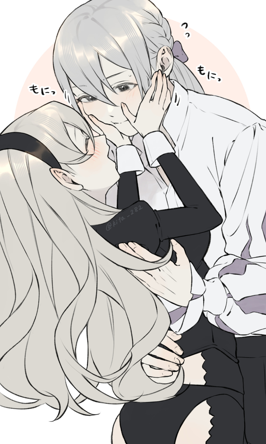 1boy absurdres black_hairband closed_eyes closed_mouth corrin_(female)_(fire_emblem) corrin_(fire_emblem) couple facing_another female fire_emblem fire_emblem_fates grey_eyes hair_between_eyes hairband highres jakob_(fire_emblem) kita_282 looking_at_another pointy_ears straight