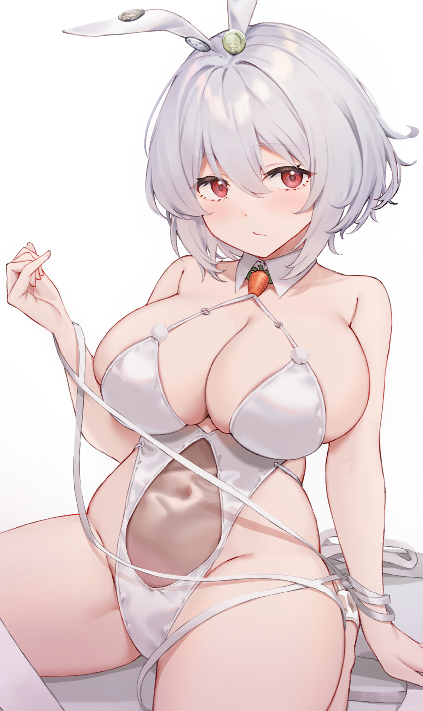 alternate_costume animal_ears azur_lane blush breasts cleavage closed_mouth commentary_request covered_navel fake_animal_ears female grey_hair hair_between_eyes highleg highleg_leotard highres kimi_tsuru large_breasts leotard looking_at_viewer playboy_bunny rabbit_ears short_hair simple_background sirius_(azur_lane) sitting skindentation solo white_background white_leotard