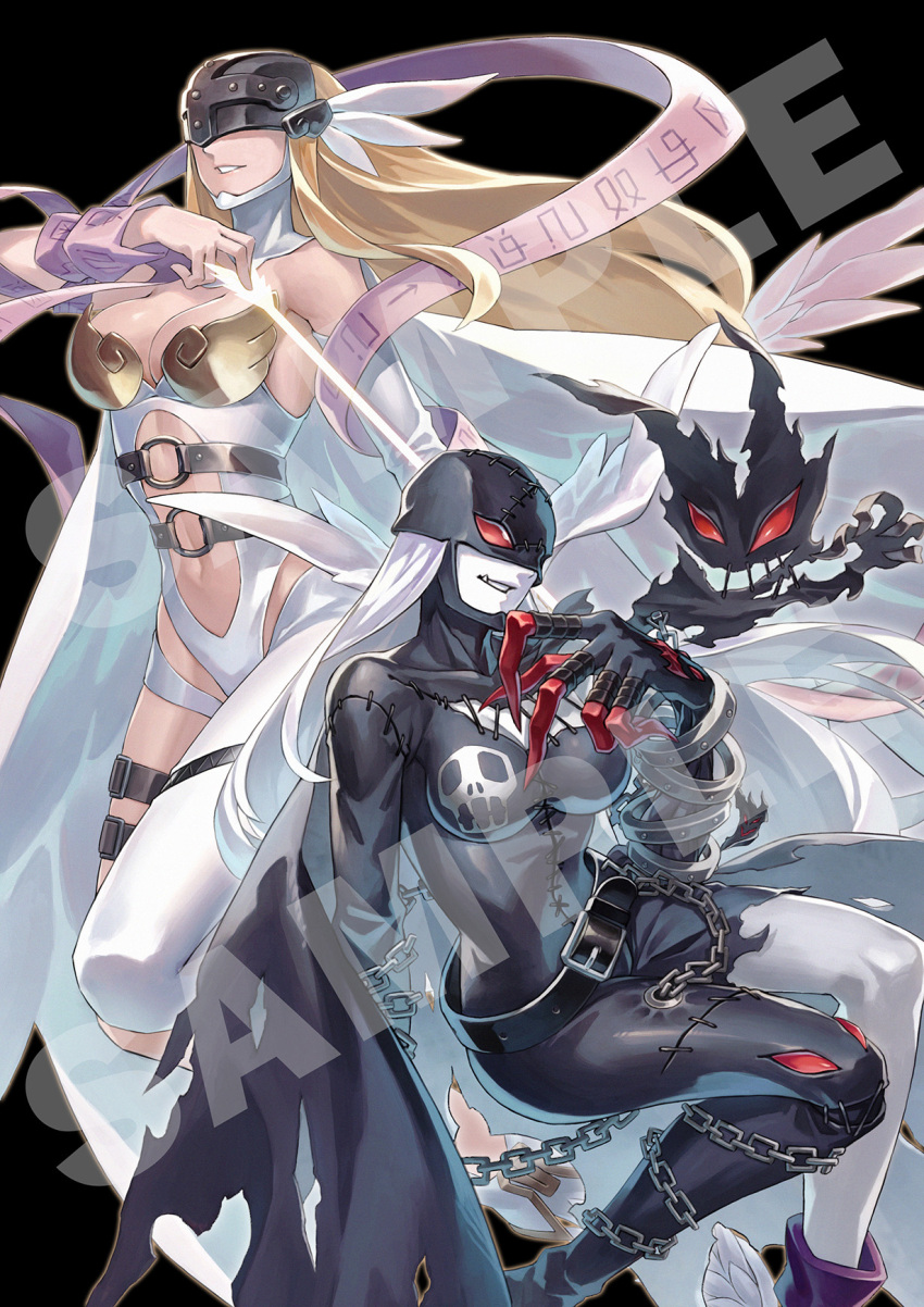 2girls a-er_(akkij0358) angel angel_and_devil angewomon armor bare_shoulders black_background black_bodysuit blonde_hair bodysuit breastplate breasts chains cleavage clothing_cutout colored_skin covered_eyes demon_girl digimoji digimon digimon_(creature) energy_arrow grey_hair grey_skin helmet helmet_over_eyes highres hip_vent ladydevimon large_breasts long_hair multiple_girls multiple_wings navel pink_ribbon ribbon sample_watermark simple_background stitches stomach_cutout watermark white_bodysuit white_wings wings