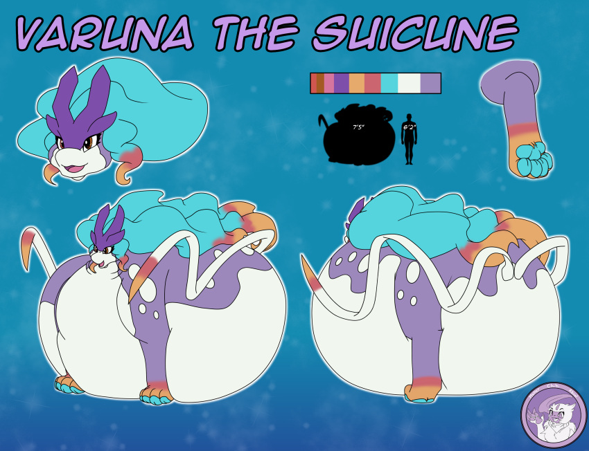 belly broken_horn female feral fur generation_2_pokemon hi_res horn hyperchibiabsol legendary legendary_pokemon markings model_sheet multicolor_mane nintendo obese overweight pawpads paws pokemon pokemon_(species) quadruped ribbon_tails suicune thick_thighs varuna varuna_the_suicune