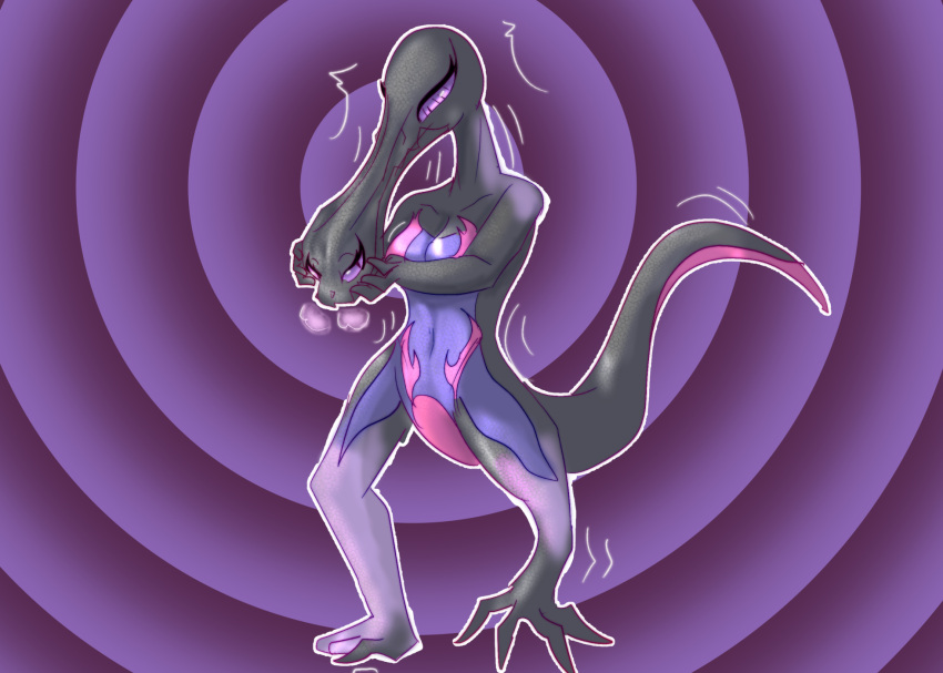 after_transformation anthro crumbleumble female generation_7_pokemon goo_transformation hi_res humanoid hypnosis implied_transformation mask mask_transformation mind_control nintendo pokemon pokemon_(species) salazzle solo stretching stretchy transformation