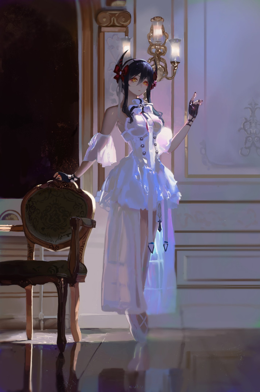 alternate_costume arknights ballet ballet_dress bare_shoulders black_gloves black_hair bow english_commentary full_body gloves highres indoors iris_(arknights) looking_at_viewer standing subu_art white_bow yellow_eyes