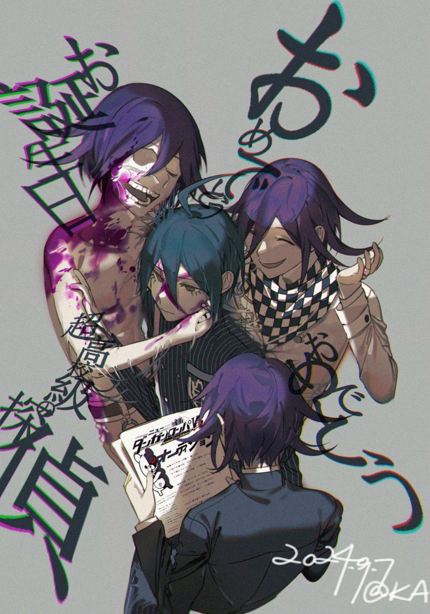 4boys :d ahoge artist_name belt black_belt black_hair black_jacket blood blood_on_body buttons checkered_neckerchief collarbone danganronpa_(series) danganronpa_v3:_killing_harmony dated disappearoften grey_background hair_between_eyes hand_up highres holding jacket long_sleeves monokuma multiple_boys multiple_persona neckerchief official_alternate_costume oma_kokichi open_mouth pants purple_hair saihara_shuichi short_hair simple_background smile teeth topless translation_request