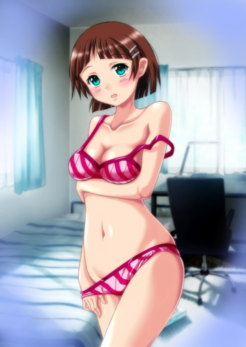 bed bedroom blue_eyes bra breasts brown_hair cleavage clip_studio_paint_(medium) commentary_request curtains desk female highres indoors kaze_makase kirigaya_suguha medium_breasts panties revision short_hair solo standing striped_bra striped_clothes striped_panties swivel_chair sword_art_online underwear underwear_only undressing