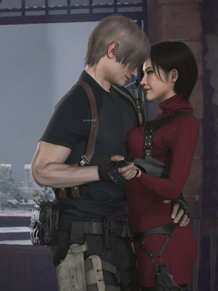 1girl1boy ada_wong asian asian_female ass black_hair bob_cut breasts embrace es_nio_arts_(artist) gloves holding_hands hugging leon_scott_kennedy lipstick looking_at_partner resident_evil resident_evil_4 resident_evil_4_remake side_view skirt slim_waist tight_clothing