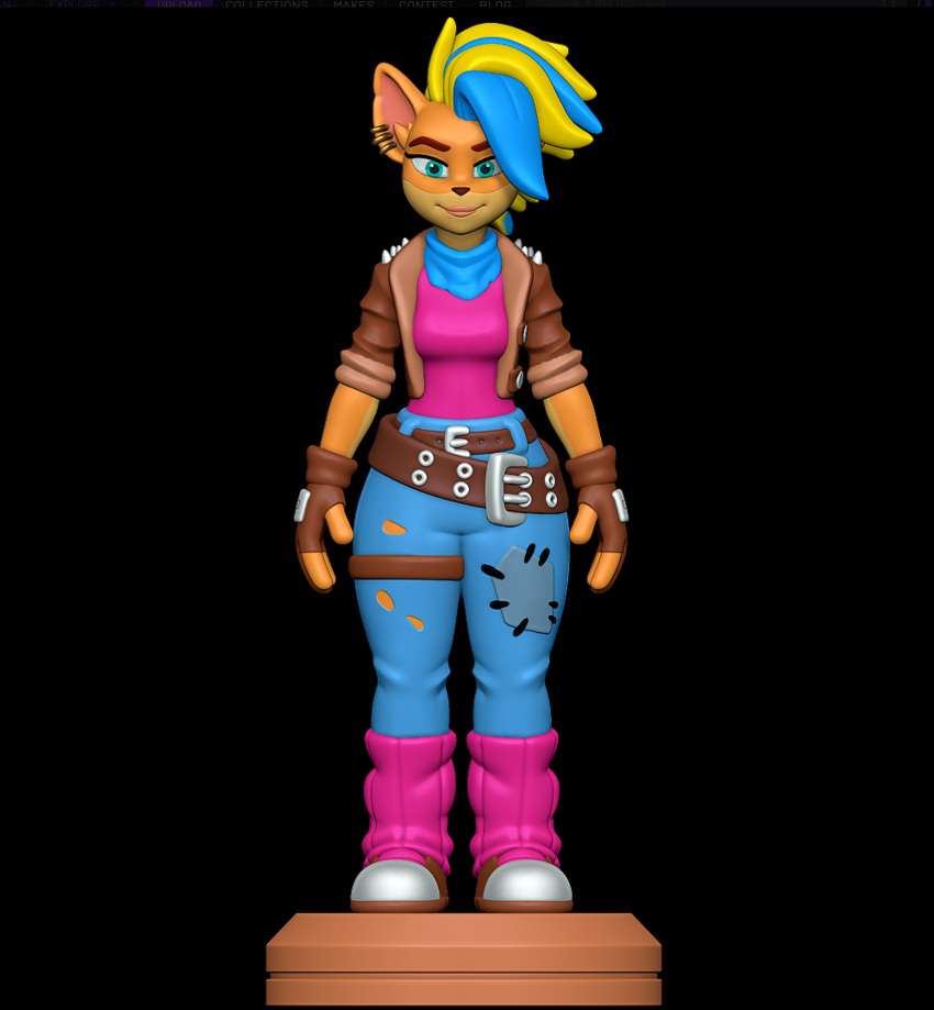 3d_(artwork) 3d_modeling 3d_print activision anthro bandicoot belt clothing crash_(series) digital_media_(artwork) ear_piercing female footwear gloves green_eyes hair handwear hi_res jacket mammal marsupial multicolored_body multicolored_hair piercing pink_clothing scarf sillytoys simple_background smile socks solo spikes tawna_bandicoot tearing_pants topwear