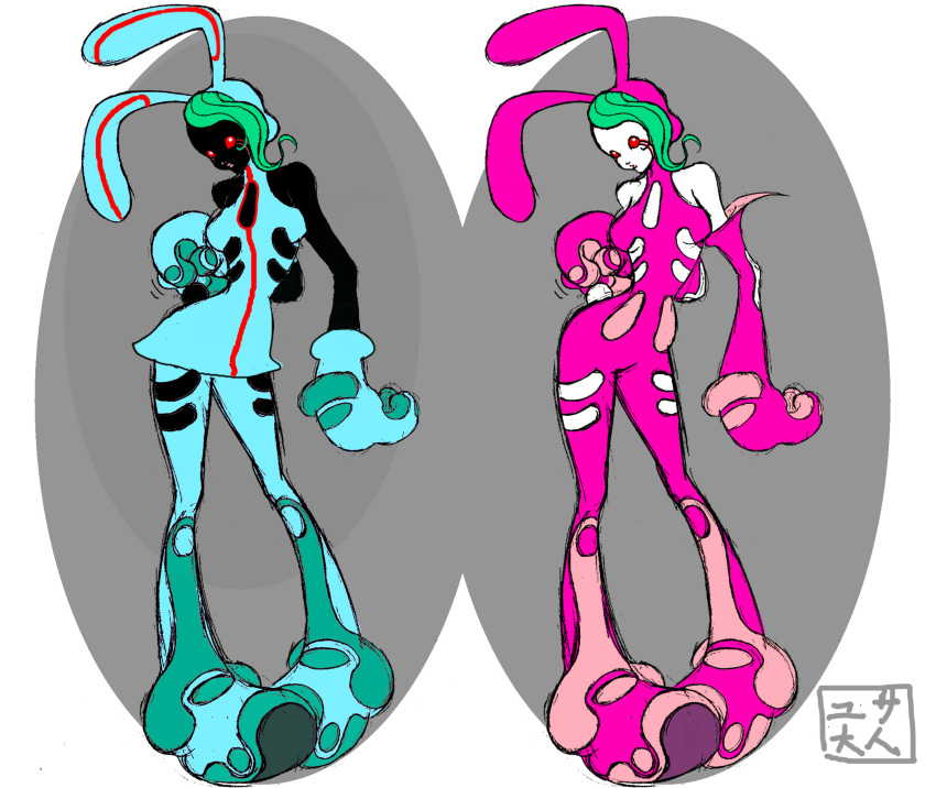 2000s_(style) 2girls alternate_body_size alternate_costume alternate_design animal_ears aqua_dress aqua_gloves aqua_hood aqua_pants arm_at_side arm_behind_back bare_arms bare_shoulders black_fur black_rabbit_(animal) black_tail bodysuit breasts clothes_variants clothing_cutout concept_art contrapposto cool_cool_toon dress dual_persona elbow_cutout elbow_gloves facial_mark full_body gloves green_hair gyoubu_ippei hand_on_own_hip head_tilt highres hood hood_up hooded_bodysuit hooded_dress knees_apart_feet_together large_breasts large_feet large_hands looking_at_viewer multiple_girls narrow_waist official_alternate_body_size official_alternate_color official_alternate_costume official_alternate_design official_art pants pink_bodysuit pink_gloves pink_hood rabbit_ears rabbit_girl rabbit_tail red_eyes reference_sheet short_dress side-by-side simple_background skinny sleeveless sleeveless_dress small_tail snk standing tail thigh_cutout third-party_source toon_(style) translation_request underboob_cutout wavy_hair white_background white_fur white_rabbit_(animal) white_tail yusa_(cool_cool_toon)