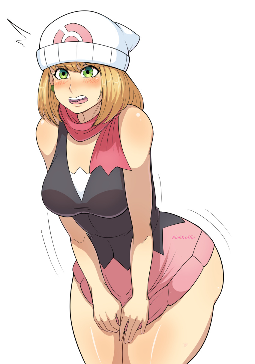 bare_arms beanie black_shirt blush breasts clothes_pull cornet_espoir cosplay curvy dawn_(pokemon) dawn_(pokemon)_(cosplay) embarrassed english_commentary female green_eyes hat highres leaning marl_kingdom medium_breasts open_mouth orange_hair pink_skirt pinkkoffin pokemon shirt short_hair simple_background skirt skirt_pull sleeveless sleeveless_shirt solo standing teeth upper_teeth_only white_background white_hat