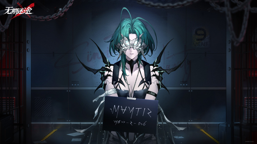 absurdres against_wall antenna_hair bare_shoulders black_tank_top breasts chains character_name cleavage copyright_name covered_eyes eye_mask facing_viewer female green_hair highres indoors logo mantis_(path_to_nowhere) medium_hair mugshot official_art official_wallpaper pale_skin path_to_nowhere prison_cell sign sign_around_neck solo straight-on tank_top upper_body