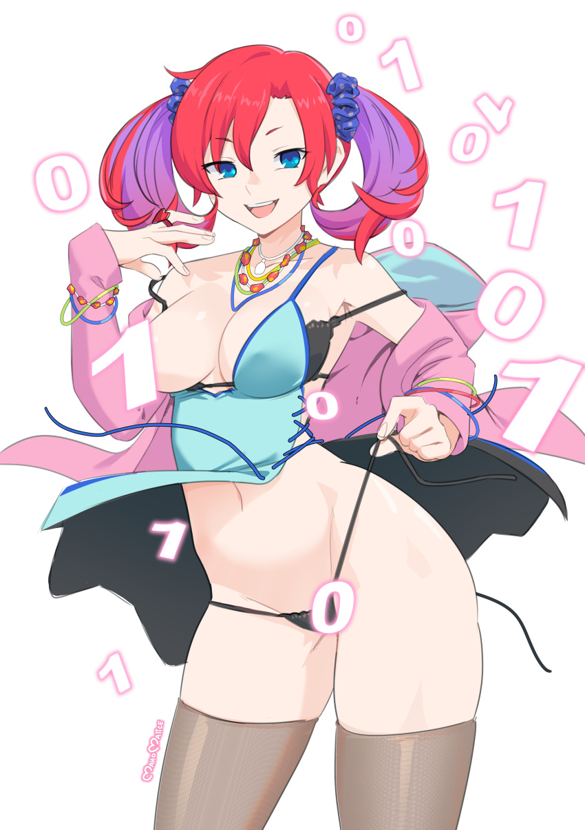 absurdres bare_shoulders black_bra black_panties black_thighhighs blue_camisole blue_eyes bra breasts camisole covered_nipples cowboy_shot cross-laced_clothes digimon digimon_story:_cyber_sleuth highres hood hooded_jacket jacket large_breasts long_hair maho_malice navel panties pink_jacket red_hair shiramine_nokia side-tie_panties sideless_outfit simple_background thighhighs twintails underwear white_background