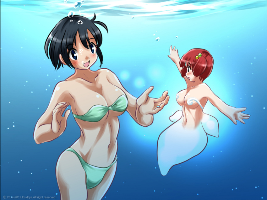 2girls at_night_in_a_party:_the_whisper_of_the_sea big_breasts bikini black_eyes black_hair breasts collarbone female female_only foxeye_(artist) foxeye_limited_game_collection game_cg good_end good_ending green_bikini karin_(foxeye) mermaid navel original red_hair rittie_(foxeye) strapless_bikini strapless_bra swimming swimsuit underwater