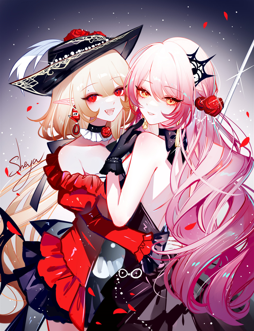 2girls :d artist_name backless_dress backless_outfit bare_back bare_shoulders black_dress black_gloves black_hat blonde_hair dress gloves hat hat_feather highres juliet_sleeves long_hair long_sleeves looking_at_viewer multiple_girls open_mouth original pink_hair puffy_sleeves red_dress red_eyes sheya signature smile very_long_hair yellow_eyes