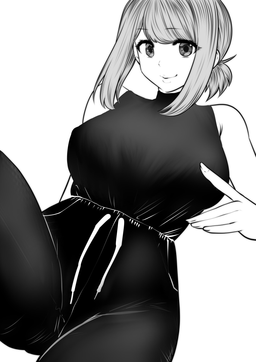 absurdres black_pants black_shirt breasts covered_nipples eguchi_tomoka female greyscale highres kou_iu_no_ga_ii lips looking_at_viewer monochrome pants shirt short_ponytail sidelocks simple_background sleeveless sleeveless_turtleneck solo souryu turtleneck