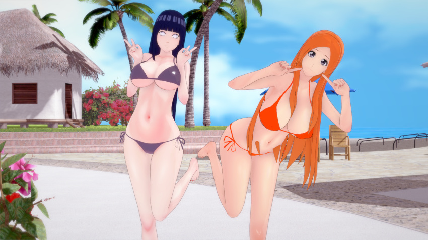 bikini bleach breasts grey_eyes highres hyuuga_hinata inoue_orihime koikatsu_(medium) large_breasts long_hair naruto_(series) naruto_shippuuden non-web_source orange_bikini orange_hair posing purple_bikini string_bikini swimsuit