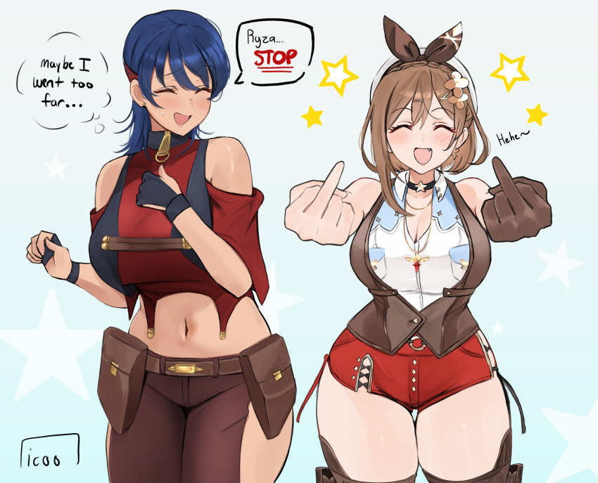 2girls atelier_(series) atelier_ryza atelier_ryza_3 belt belt_pouch blue_hair braid breasts brown_belt brown_eyes brown_hair brown_pants carmen99 cleavage crossover crown_braid english_text gloves gunxsword hair_ornament hat highres icoo jewelry large_breasts multiple_girls navel pants pouch red_shorts reisalin_stout short_hair short_shorts shorts smile solo speech_bubble star_(symbol) thighhighs thighs thought_bubble