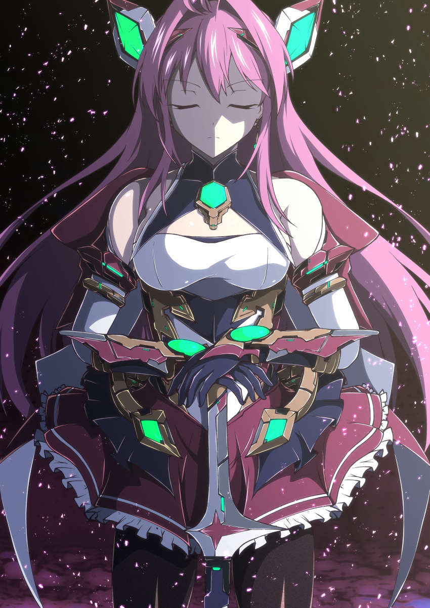 absurdres aikawa_haruno aoi_tabane armored_gloves black_gloves black_pantyhose breasts cleavage_cutout closed_eyes clothing_cutout elbow_gloves exs-tia_ignis female gloves headset highres kouyoku_senki_exs-tia magical_girl medium_breasts pantyhose pink_hair red_skirt skirt solo sword weapon