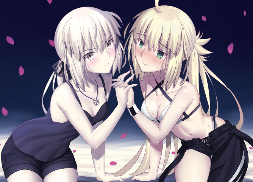 2girls absurdres ahoge artoria_caster_(fate) artoria_caster_(swimsuit)_(fate) artoria_caster_(swimsuit)_(first_ascension)_(fate) artoria_pendragon_(fate) asymmetrical_clothes bare_shoulders bikini black_camisole black_pants black_ribbon black_shorts blonde_hair blush breasts camisole cleavage collarbone fate/grand_order fate_(series) green_eyes hair_ribbon highres jewelry long_hair longdq3008 looking_at_viewer low_ponytail medium_breasts multiple_girls navel necklace pants ribbon saber_alter saber_alter_(ver._shinjuku_1999)_(fate) short_shorts shorts sidelocks single_pantsleg swimsuit thighs twintails white_bikini yellow_eyes