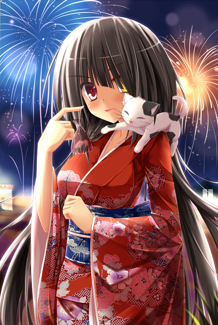 alternate_costume black_hair breasts commentary_request date_a_live feline female festival fireworks fish floral_print heterochromia highres japanese_clothes kimono long_hair medium_breasts nanairo_fuusen obi open_mouth red_eyes revision sash smile solo tokisaki_kurumi twintails yellow_eyes