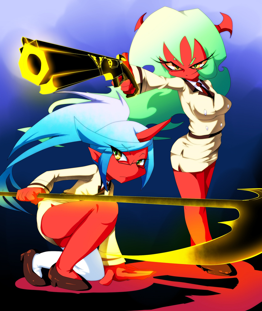 2girls female glasses green_hair gun handgun head_wings highres horn ingenmame kneehighs kneesocks kneesocks_(psg) multiple_girls nabeshiki_(ingenmame) panty_&_stocking_with_garterbelt pistol pointy_ears red_skin scanty_(psg) scythe siblings silver_hair single_thighhigh sisters smile thighhighs weapon white_legwear yellow_eyes