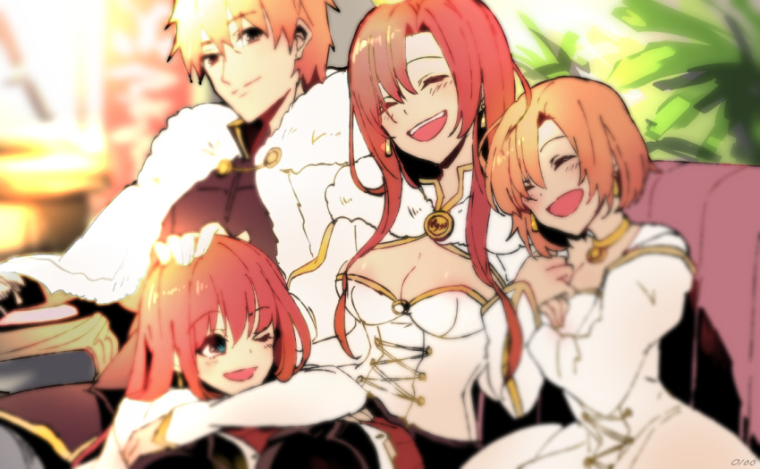 1boy 3girls blue_eyes boudica_(fate) boudica_(third_ascension)_(fate) breasts cape carimarica cleavage closed_eyes closed_mouth collar commentary_request earrings family fate/grand_order fate_(series) fur_trim hair_between_eyes hand_on_another's_head jacket jewelry large_breasts long_sleeves looking_at_another multiple_girls o-ring o-ring_top open_mouth red_hair shrug_(clothing) sitting smile