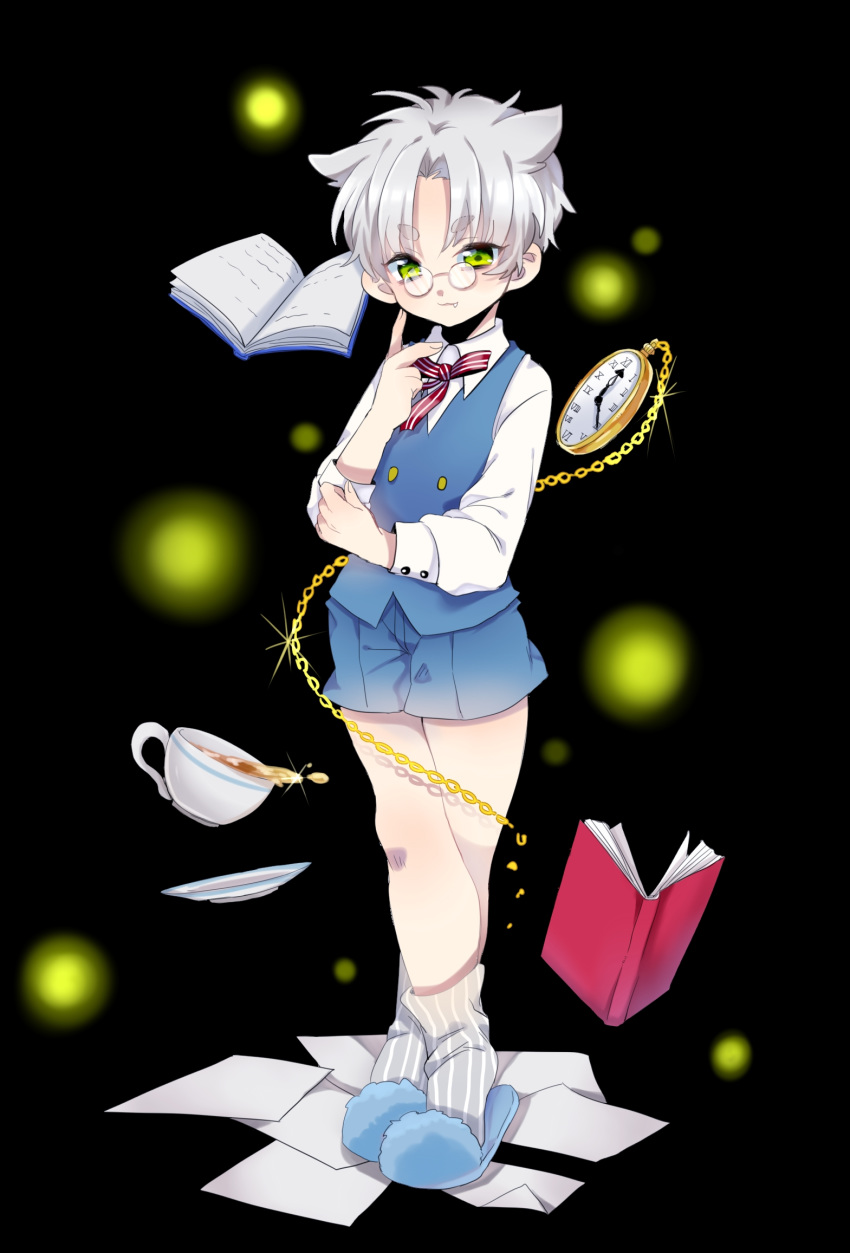 1boy :3 book commentary_request cup full_body green_eyes grey_hair highres looking_at_viewer male_focus oerba_yun_fang original partial_commentary pocket_watch ribbon seitarou shirt shorts slippers smile socks solo striped_clothes striped_socks teacup vest watch