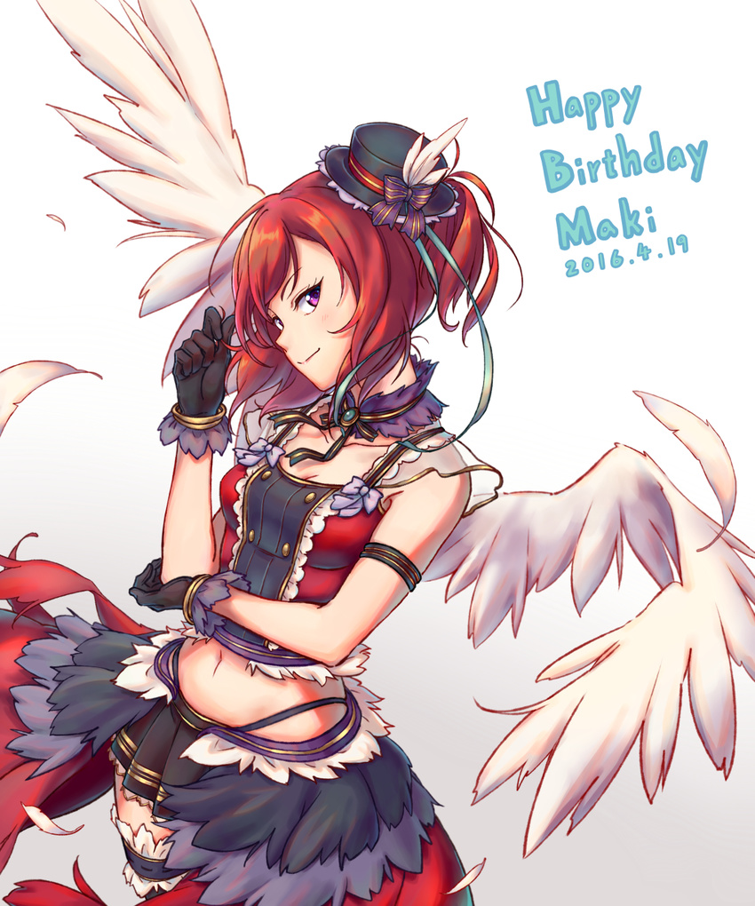 armlet black_gloves bow buttons commentary_request dated detached_collar double-breasted feather_skirt feathered_wings feathers female gloves hand_on_own_elbow happy_birthday hat hat_bow hat_feather hat_ribbon highres looking_at_viewer love_live! love_live!_school_idol_project midriff multicolored_clothes multicolored_skirt navel nishikino_maki one_side_up overskirt purple_eyes red_hair ribbon sanada_(tony2035176) short_hair skirt smile solo striped striped_bow twirling_hair white_feathers white_wings wings