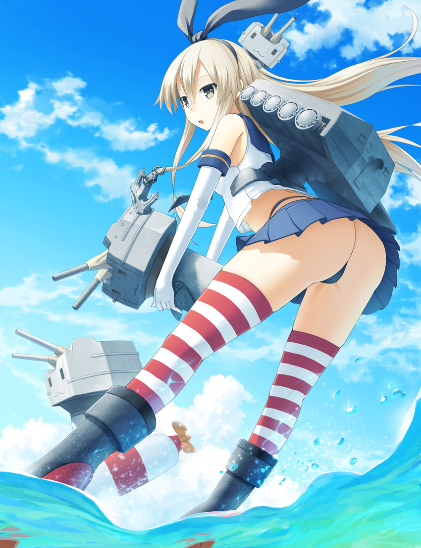 anchor_hair_ornament ass bare_shoulders black_panties blonde_hair blue_eyes blue_skirt commentary_request crop_top elbow_gloves female gloves hair_ornament hairband highleg highleg_panties highres jpeg_artifacts kantai_collection lifebuoy long_hair microskirt open_mouth panties rensouhou-chan sakais3211 school_uniform serafuku shimakaze_(kancolle) skirt striped_clothes striped_thighhighs swim_ring thighhighs thong underwear water white_gloves