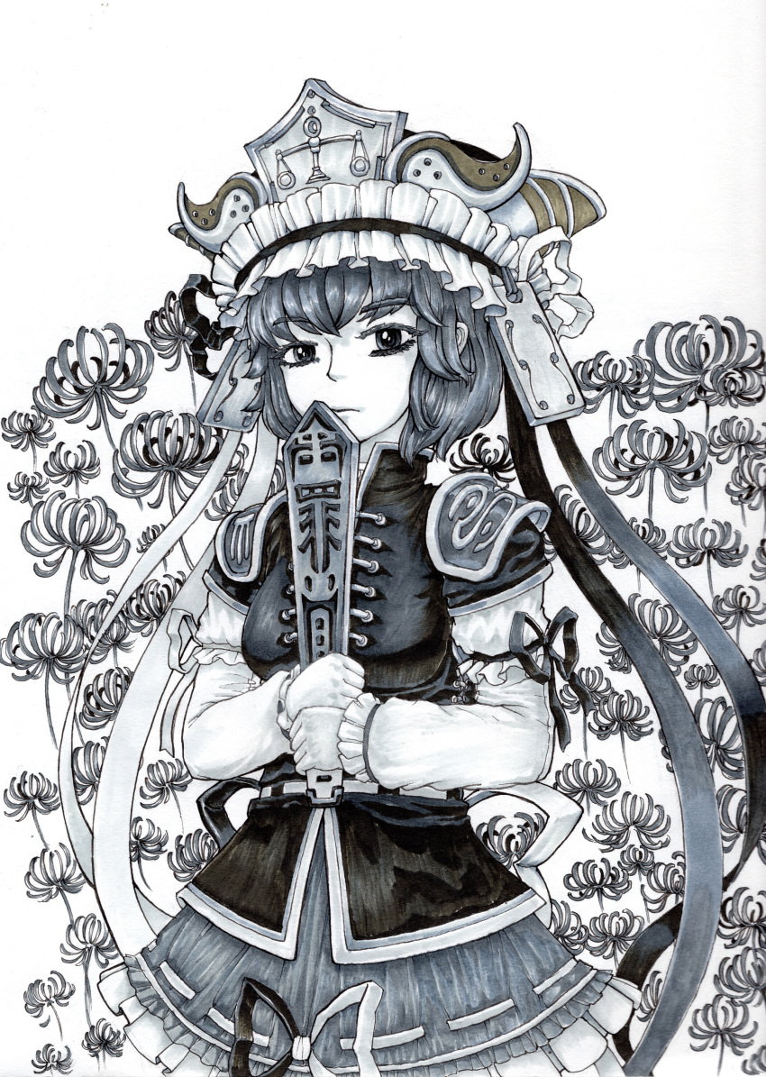 absurdres arm_garter armor balance_scale_print breasts buckle closed_mouth commentary_request cowboy_shot emblem eyelashes female flower frilled_skirt frilled_sleeves frills greyscale hat hat_ribbon high_collar highres holding hupose_deheluo large_breasts long_sleeves monochrome nose pauldrons photoshop_(medium) ribbon ribbon-trimmed_skirt ribbon_trim rod_of_remorse scales shiki_eiki shirt short_hair shoulder_armor skirt solo spider_lily standing touhou traditional_media vest weighing_scale