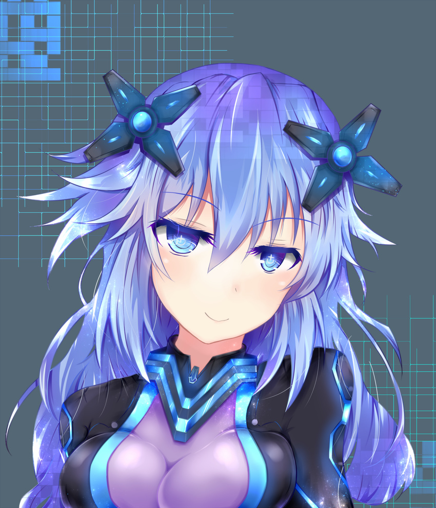 black_bodysuit blue_eyes blush bodysuit breasts commentary_request female hair_ornament hairclip highres long_hair medium_breasts mitsuba_(watergarden) neptune_(series) next_purple purple_bodysuit purple_heart_(neptunia) shin_jigen_game_neptune_vii smile solo symbol-shaped_pupils transparent upper_body