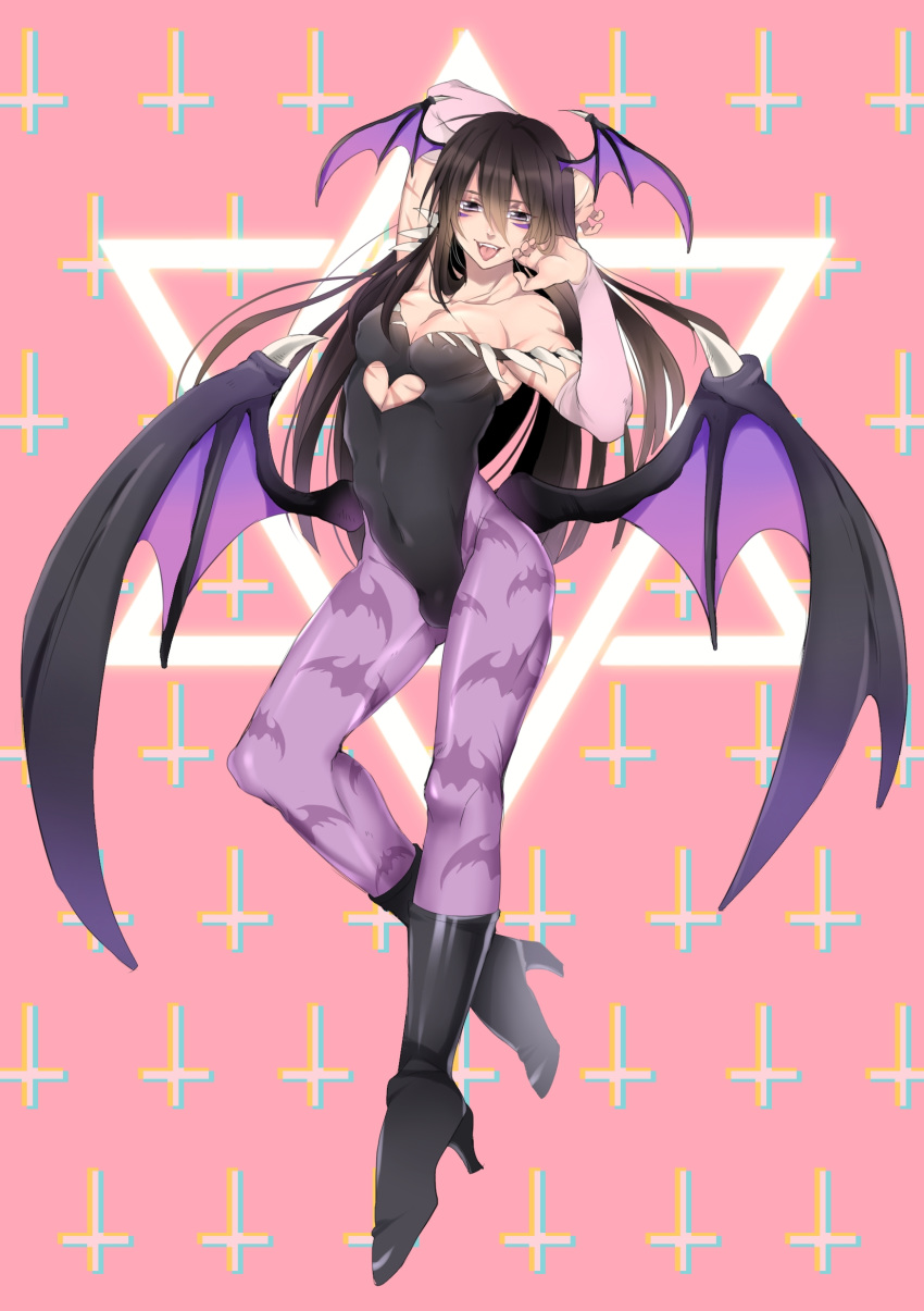 1boy :p absurdres animal_print bare_shoulders bat_print bat_wings black_hair bridal_gauntlets bulge commentary_request cosplay crossdressing facial_mark full_body head_wings highres leotard long_hair looking_at_viewer male_focus morrigan_aensland morrigan_aensland_(cosplay) one-punch_man onsoku_no_sonic otoko_no_ko pantyhose print_pantyhose scar seitarou solo tongue tongue_out vampire_(game) wings