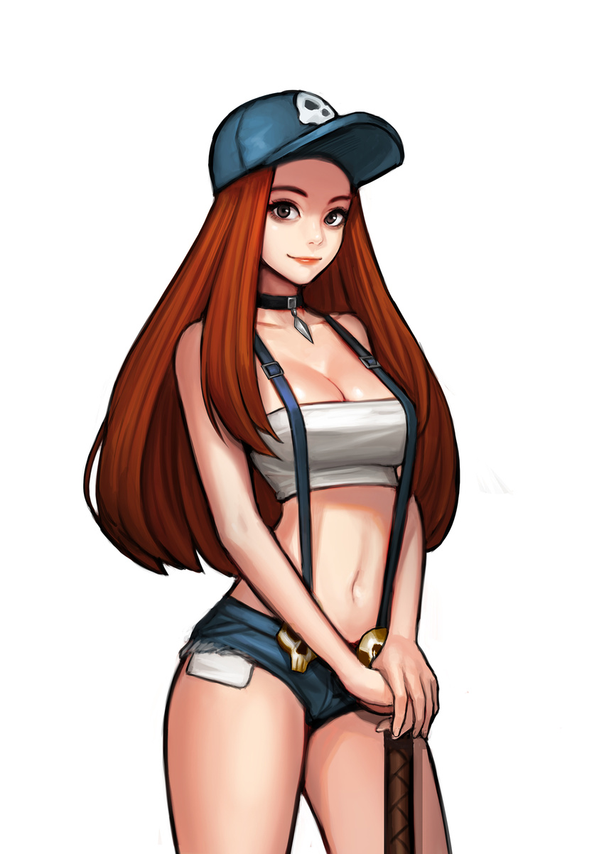 athena_(hyper_universe) bandeau bare_shoulders baseball_cap black_choker blue_hat blue_shorts breasts brown_eyes buckle choker cleavage closed_mouth commentary cowboy_shot denim denim_shorts female hat highres hyper_universe jewelry jungon_kim large_breasts lips long_hair looking_at_viewer navel own_hands_together pendant photoshop_(medium) red_hair red_lips short_shorts shorts simple_background skull solo standing stomach strapless suspender_shorts suspenders thick_eyebrows thighs tube_top v_arms very_long_hair white_background