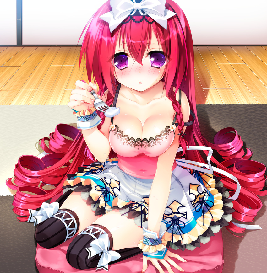 blush bow breasts brown_thighhighs cleavage drill_hair female fork full-face_blush hairbow highres large_breasts long_hair mayoeru_futari_to_sekai_no_subete mizunomiya_nana moriyama_shijimi purple_eyes red_hair sitting solo thighhighs wariza