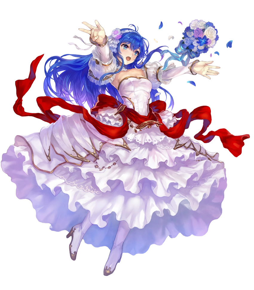 armpits blue_eyes blue_hair bouquet breasts bride caeda_(bridal)_(fire_emblem) caeda_(fire_emblem) commentary_request detached_collar dress female fire_emblem fire_emblem:_mystery_of_the_emblem fire_emblem_heroes flower full_body hair_flower hair_ornament hairband high_heels highres long_hair looking_away medium_breasts official_art open_mouth solo transparent_background wedding_dress white_dress yoshiku_(oden-usagi)