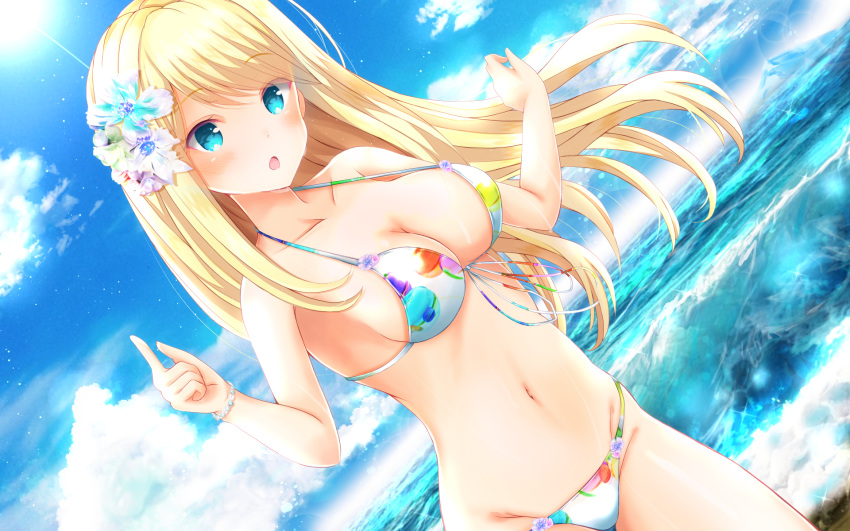 arms_up beach bikini blonde_hair blue_eyes breasts chloe_lemaire cleavage cloud collarbone commentary_request day dutch_angle female floral_print flower girlfriend_(kari) groin hair_flower hair_ornament highres large_breasts long_hair lowleg lowleg_bikini masa_(mirage77) navel ocean open_mouth outdoors pointing print_bikini sky solo strap_gap swimsuit upper_body white_bikini