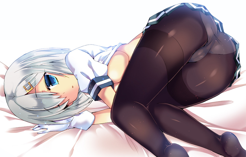 :o ass black_pantyhose blue_eyes breasts commentary_request female gloves grey_hair hair_ornament hair_over_one_eye hairclip hamakaze_(kancolle) kantai_collection large_breasts looking_at_viewer lying panties panties_under_pantyhose pantyhose pleated_skirt school_uniform serafuku short_hair short_sleeves skirt solo sparkle thighband_pantyhose underwear white_gloves yoroi_nau