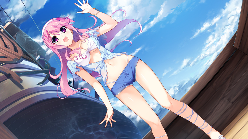 bare_legs boyshorts bracelet breasts cleavage clouds dutch_angle female floating_hair fumio_(ura_fmo) game_cg happy hatsuru_koto_naki_mirai_yori highres large_breasts legs long_hair looking_away meltyna navel open_mouth outdoors pink_eyes pink_hair ship short_shorts shorts sky smile solo standing thighs tied_shirt underboob waving