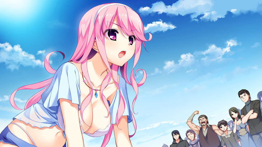 6+girls boyshorts breasts cleavage clouds crossed_arms eyebrows eyebrows_visible_through_hair fumio_(ura_fmo) game_cg hairband hatsuru_koto_naki_mirai_yori highres large_breasts long_hair looking_away meltyna multiple_girls navel open_mouth outdoors pink_eyes pink_hair public serious short_shorts shorts sitting sky standing sun