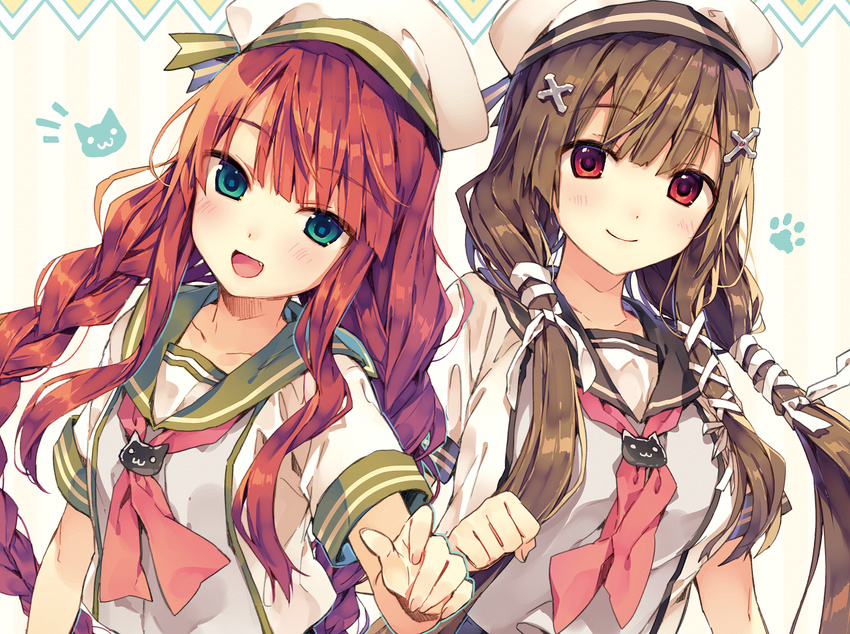 2girls :3 :d animal_print aqua_eyes arms_at_sides blush braid brown_hair cat_print closed_mouth cross_hair_ornament hair_ornament hand_up long_hair looking_at_viewer low_twintails multiple_girls natsu_natsuna neckerchief oerba_yun_fang open_mouth original red_eyes red_neckerchief school_uniform serafuku short_sleeves smile striped striped_background twin_braids twintails upper_body vertical_stripes