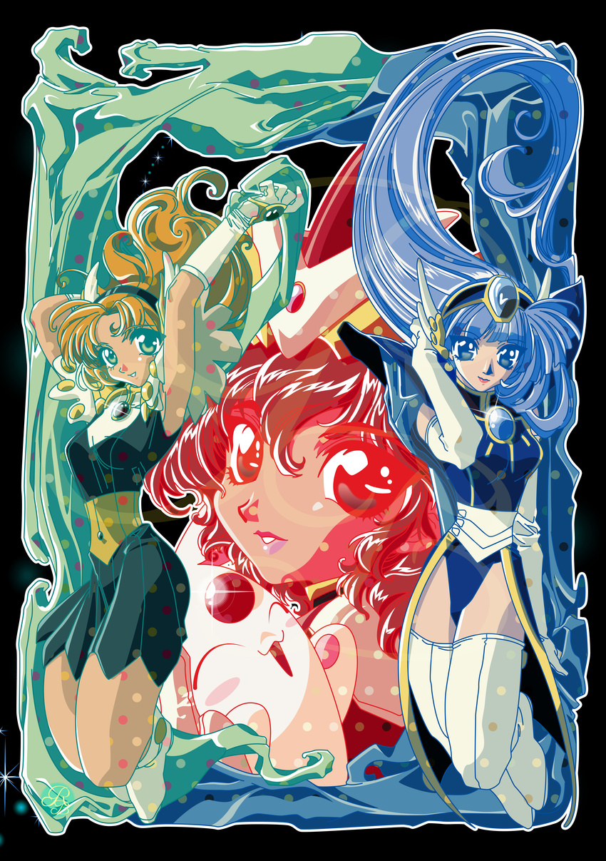 3girls absurdres blue_eyes blue_hair blue_hairband brown_hair dress gloves hairband highres hououji_fuu long_hair magic_knight_rayearth mokona multiple_girls official_alternate_costume red_eyes red_hair riccardo_bacci ryuuzaki_umi shidou_hikaru short_hair smile vector_trace