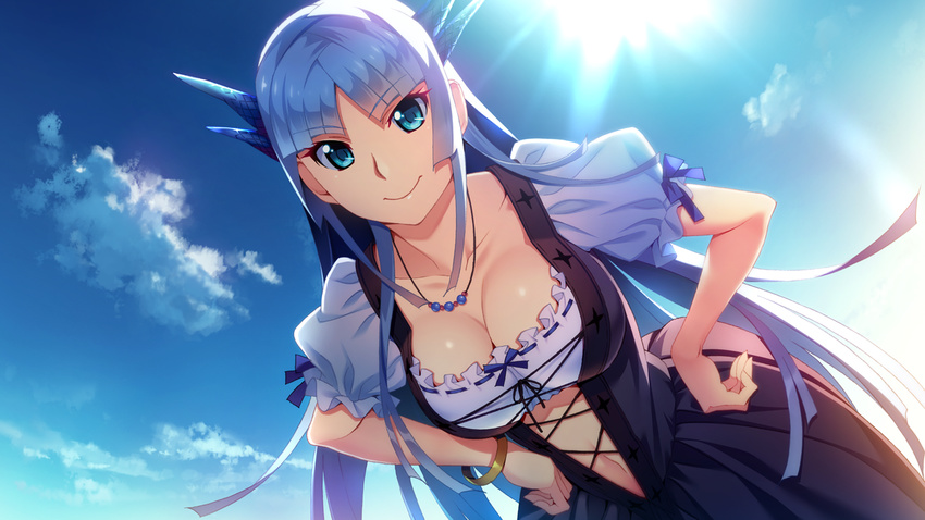 blue_eyes blue_hair bracelet breasts cleavage clouds dress eyebrows eyebrows_visible_through_hair female fumio_(ura_fmo) game_cg hands_on_hips happy hatsuru_koto_naki_mirai_yori highres large_breasts leaning_forward long_hair looking_at_viewer navel short_sleeves sky smile solo standing sun sunlight yukikaze_geneblood